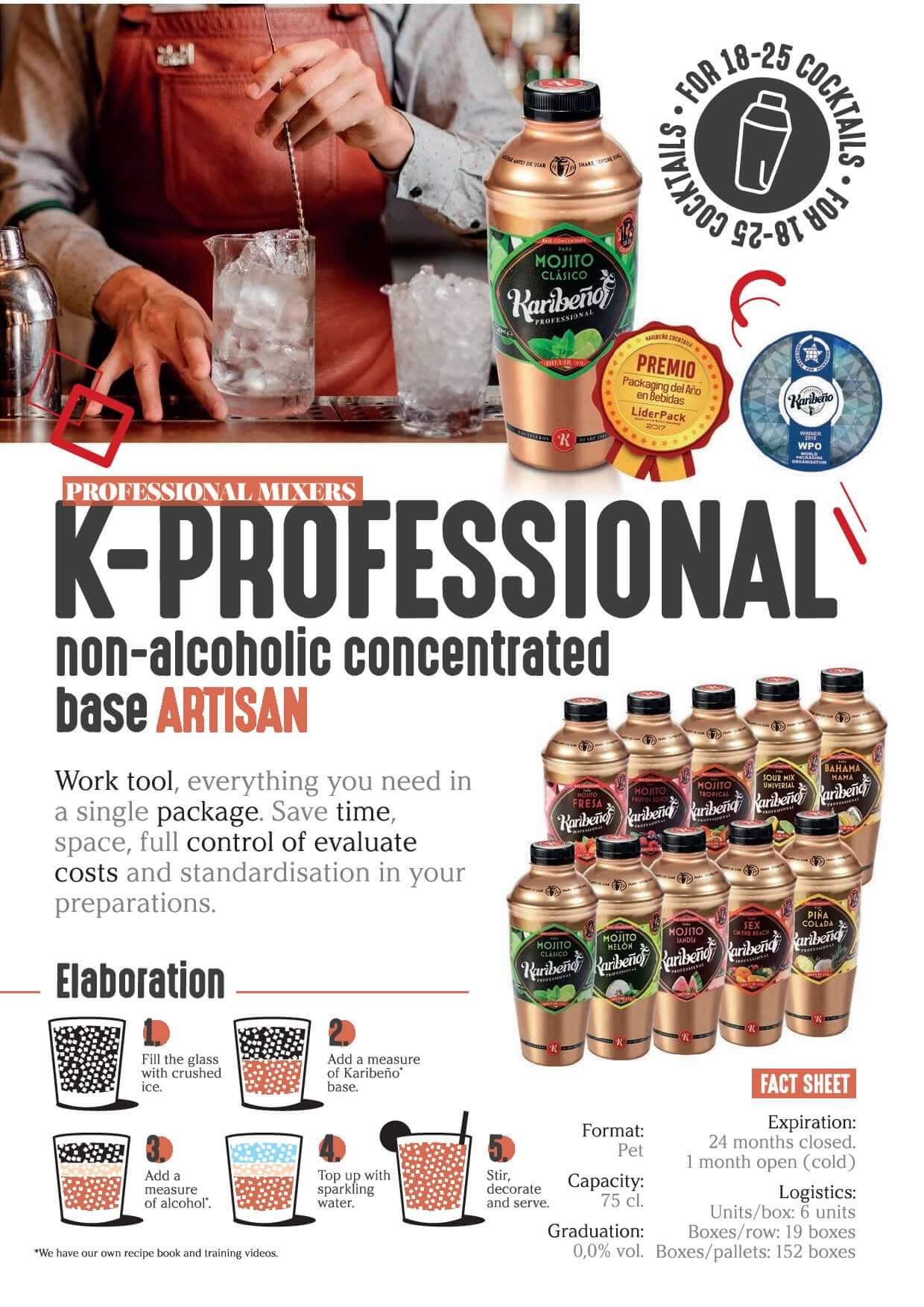 Non-alcoholic concentrates for cocktails shaker “Karibeno Professional” Base Mojito Fresa (For 18-25 Cocktails), 0.0%, 750ml